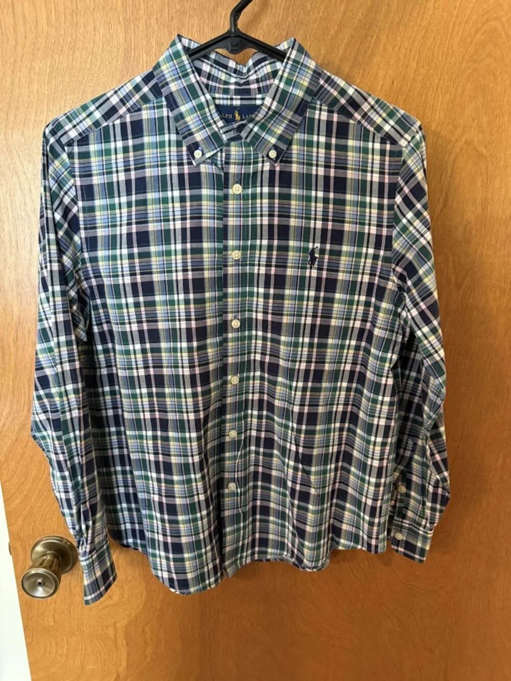 Boys Large 14-16 Ralph Lauren Polo Button Down Long Sleeve Blue Plaid Shirt Logo